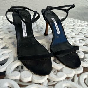 Manolo Blahnik black fabric strapped high heel sandal 7.5